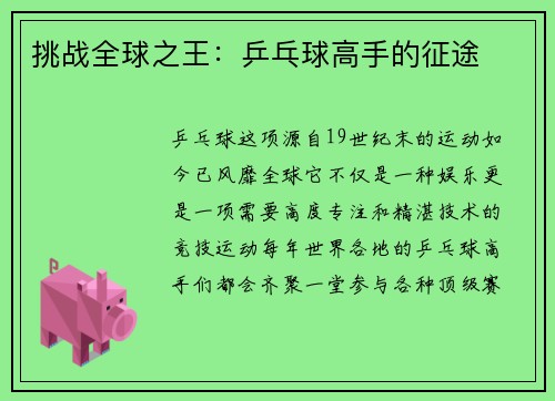 挑战全球之王：乒乓球高手的征途